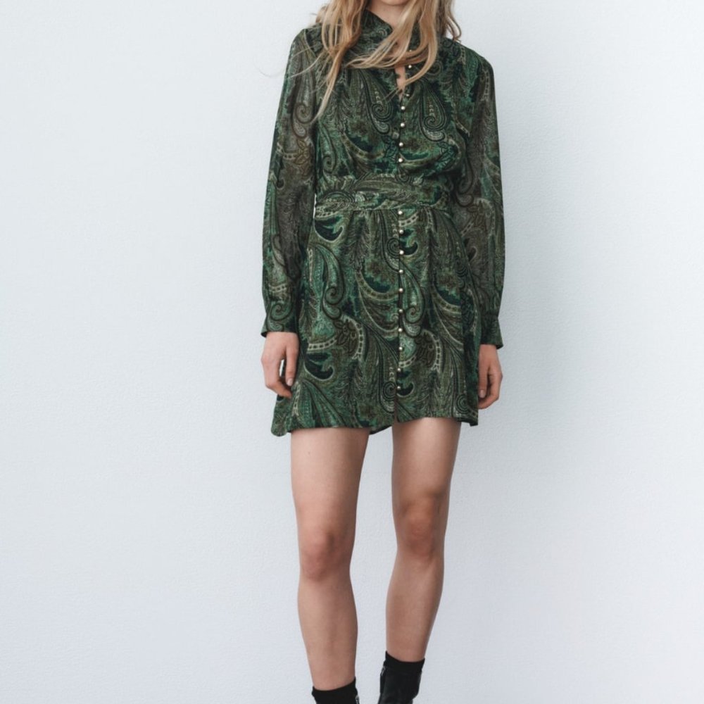 Zara Green Paisley Printed Shirt Dress with Gold Buttons, Size XL
